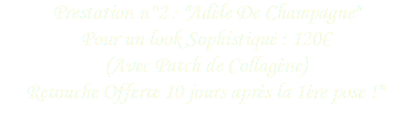Prestation n°2 : "Adèle De Champagne"  Pour un look Sophistiqué : 120€
(Avec Patch de Collagène)
Retouche Offerte 10 jours après la 1ère pose !*
