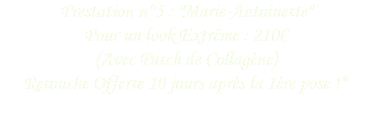 Prestation n°5 : "Marie-Antoinette" Pour un look Extrême : 210€
(Avec Patch de Collagène)
Retouche Offerte 10 jours après la 1ère pose !*